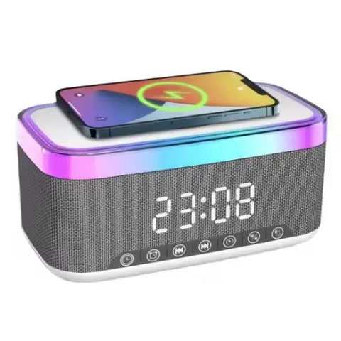 Бездротовий нічник, годинник, будильник, RGB 5в1 з бездротовою зарядкою 15 Вт та Bluetooth колонкою чорна RGB-5in1WH фото