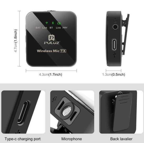 Бездротовий петличний мікрофон для смартфона Puluz, Type-C Phone, Type-C Receiver PULUZ PU646B шумозаглушення PULUZ-1 фото