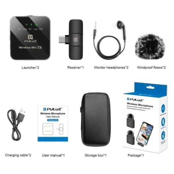 Бездротові петличні мікрофони для смартфона Puluz - 2шт, Type-C Phone, Type-C Receiver PULUZ PU646B шумозаглушення PULUZ-2 фото