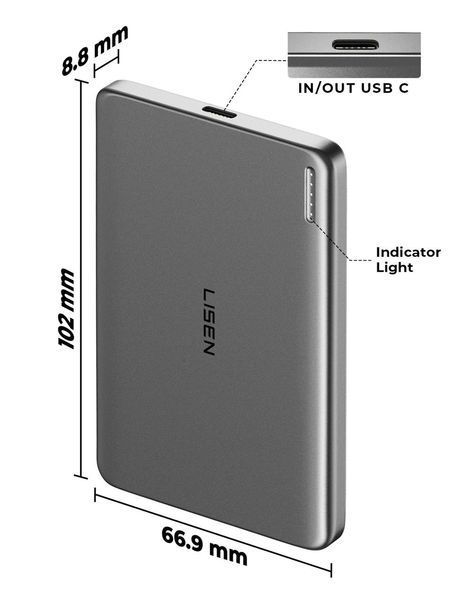 PowerBank Lisen Ultra Slim MagSafe 5000mAh, повербанк з MagSafe, швидка зарядка, бездротовий повербанк 20w PW-5 фото