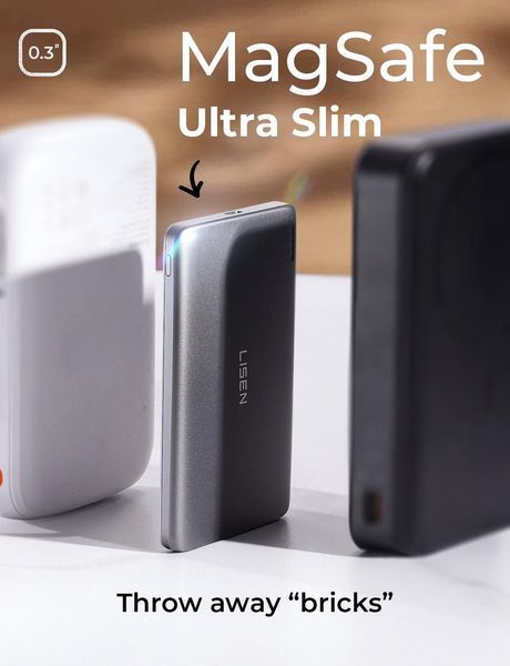 PowerBank Lisen Ultra Slim MagSafe 5000mAh, повербанк з MagSafe, швидка зарядка, бездротовий повербанк 20w PW-5 фото